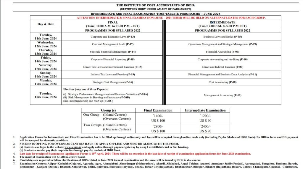 ICMAI CMA Intermediate and Final Exam Dates for June 2024 BCC Gurgaon