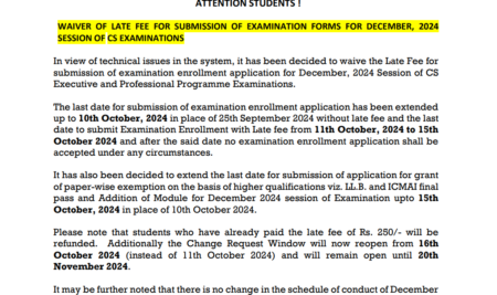 Waiver of Late Fee for Submission of Examination Forms for December 2024 Session of CS Examinations